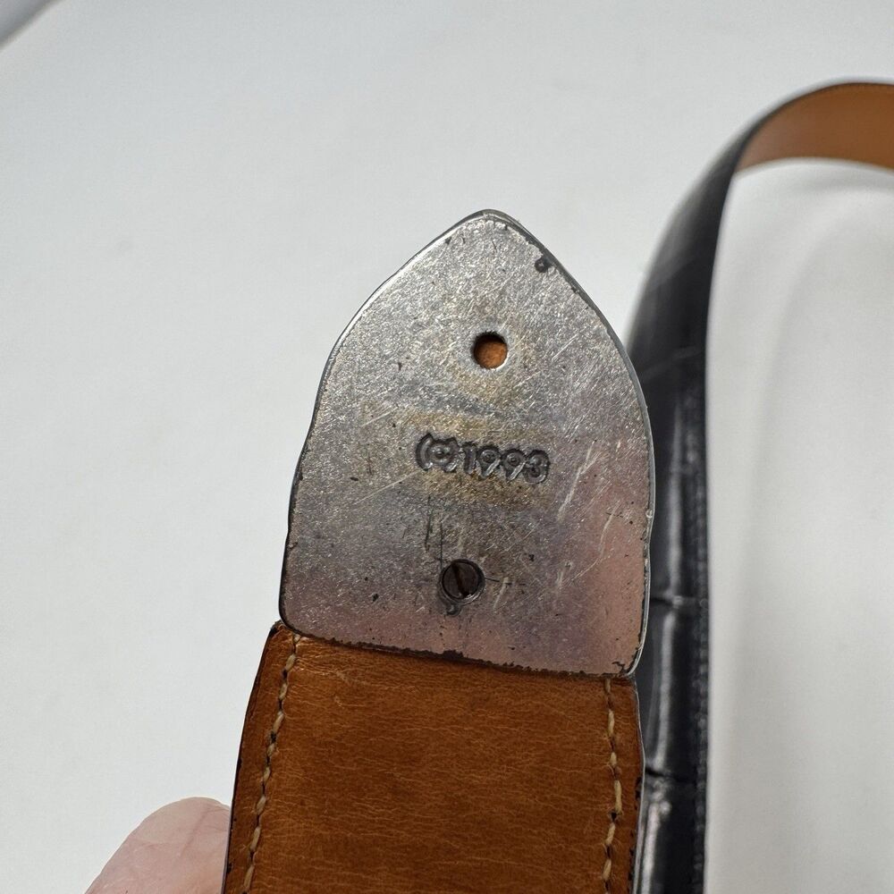 Vintage ONYX 19403 Black Leather Belt Size 28 Marked 1993 90s Silver Buckle Tip - Picture 13 of 14